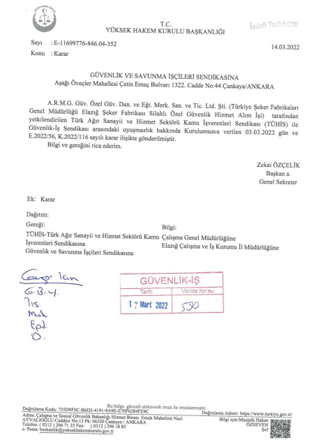 Türkiye Şeker Fabrikaları Genel Müdürlüğü Elazığ Şeker Fabrikası Silahlı  Toplu İş Sözleşmesi İmzalandı