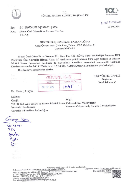 EÜAŞ Genel Müdürlüğü Ermenek HES Müdürlüğü Toplu İş Sözleşmesi İmzalandı