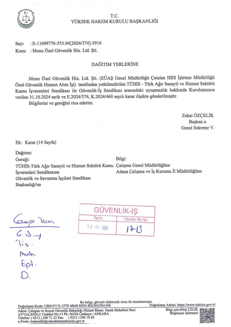 EÜAŞ Genel Müdürlüğü Çatalan HES İşletme Müdürlüğü Toplu İş Sözleşmesi İmzalandı