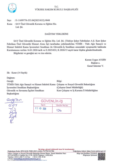 Türkiye Şeker Fabrikaları A.Ş. Kars Şeker Fabrikası Toplu İş Sözleşmesi İmzalandı