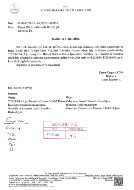 EÜAŞ Genel Müdürlüğü Aslantaş HES İletme Müdürlüğü'ne Bağlı Berke HES İşletme Müd. Yrd. Toplu İş Sözleşmesi İmzalandı